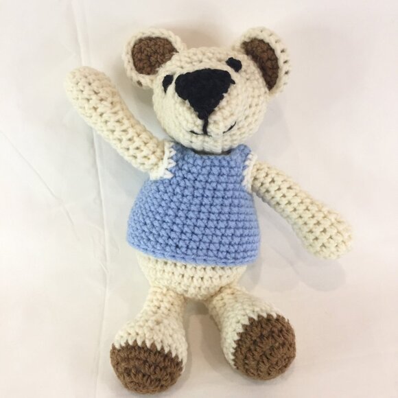 Vintage Cream Crocheted Teddy Bear Handmade w Blue Top Big Nose Handmade - Picture 1 of 4